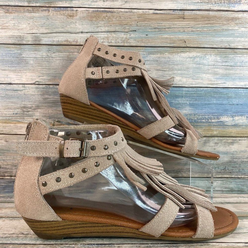 Minnetonka Gray Fringed Gladiator Sandals Wedge Heel Zip Up Open Toe Womens 10M